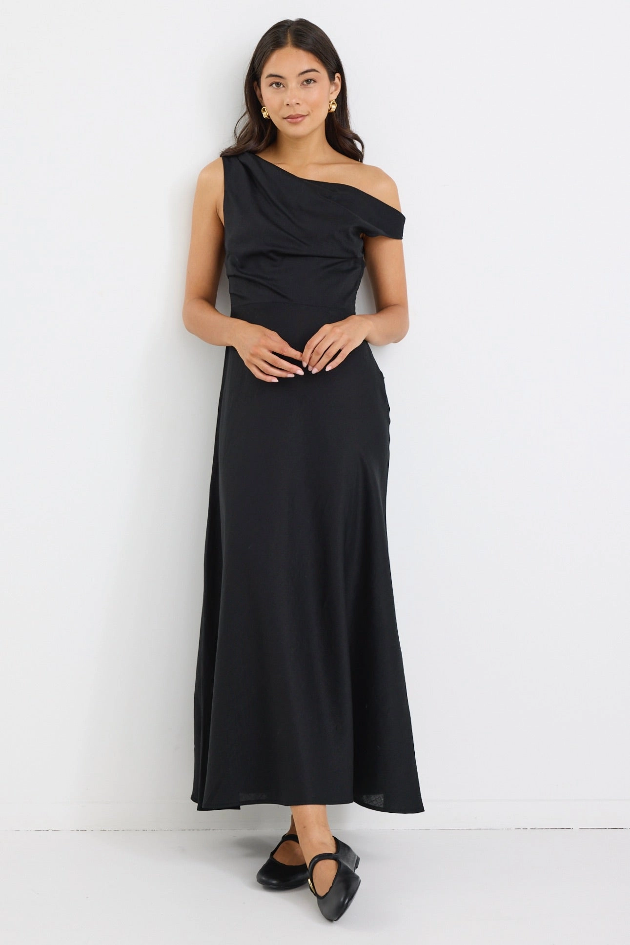 Spotlight Black Linen Blend Off Shoulder Flare Midi Dress Theater-Night Tall Girl
