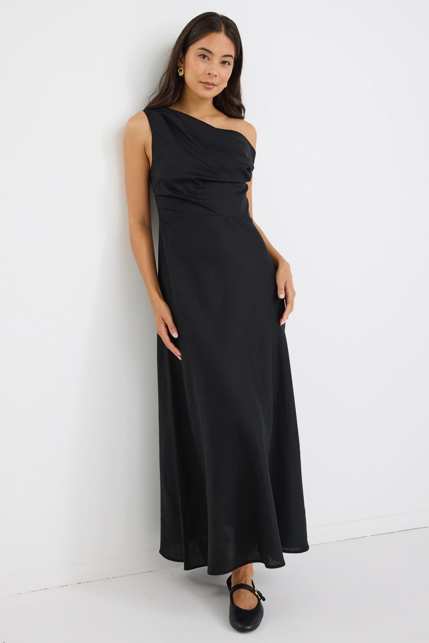 Spotlight Black Linen Blend Off Shoulder Flare Midi Dress Trendy Piece Calm Shine