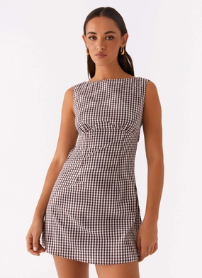 Lotus Tie Back Mini Dress - Chocolate Gingham Silky texture