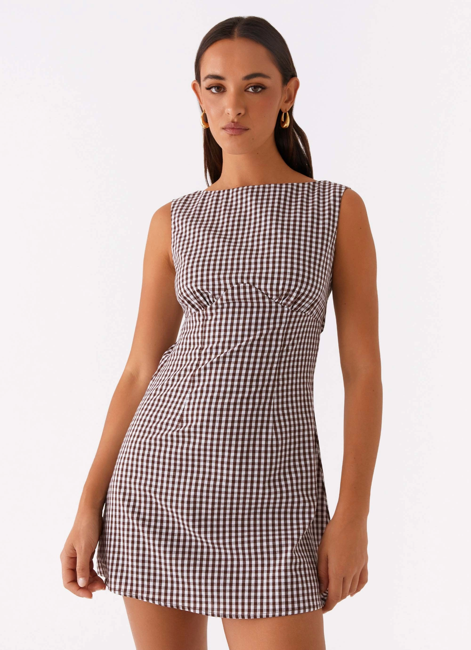 Lotus Tie Back Mini Dress - Chocolate Gingham Silky texture