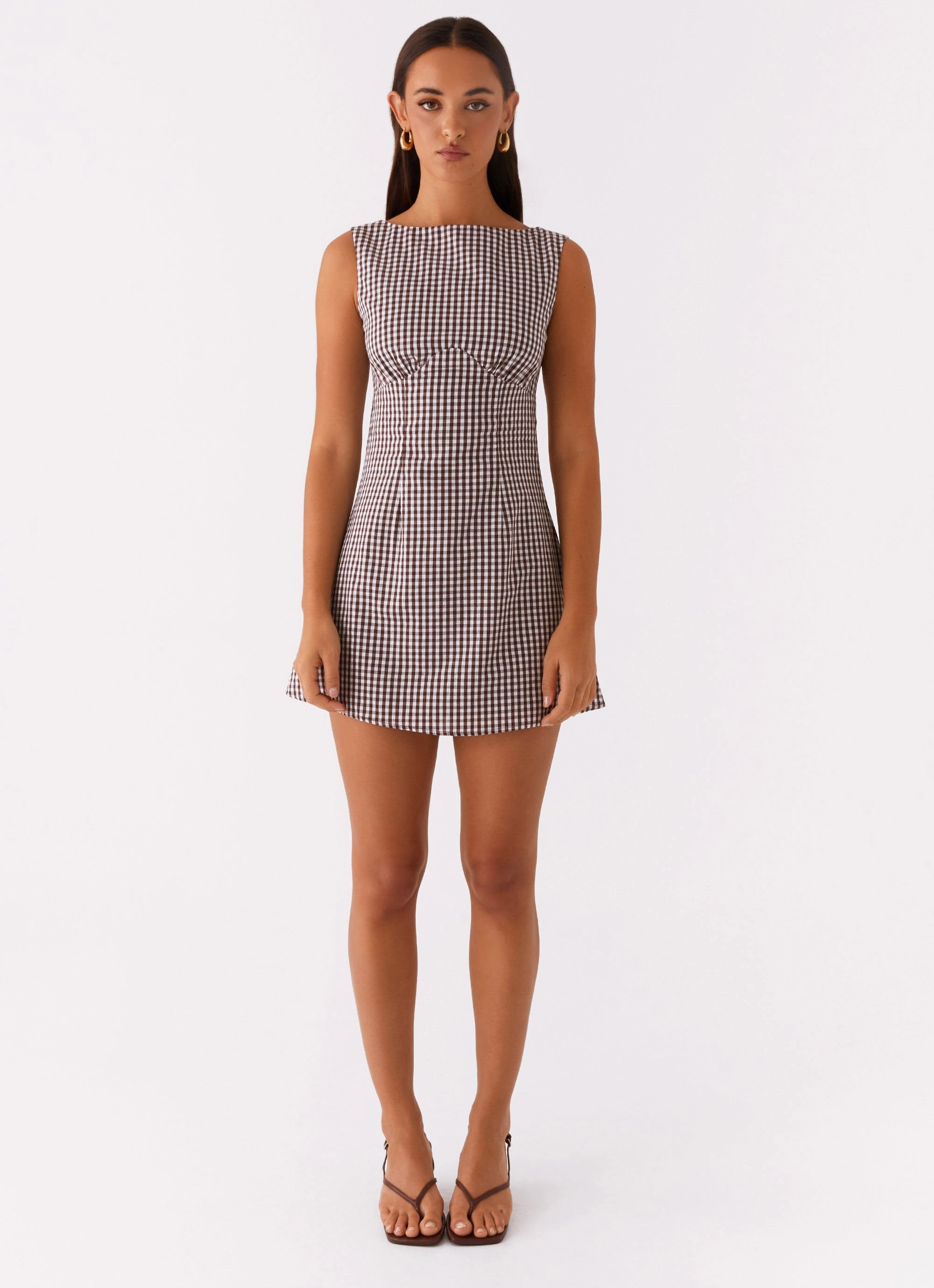 Lotus Tie Back Mini Dress - Chocolate Gingham StretchableKnit Quick Look