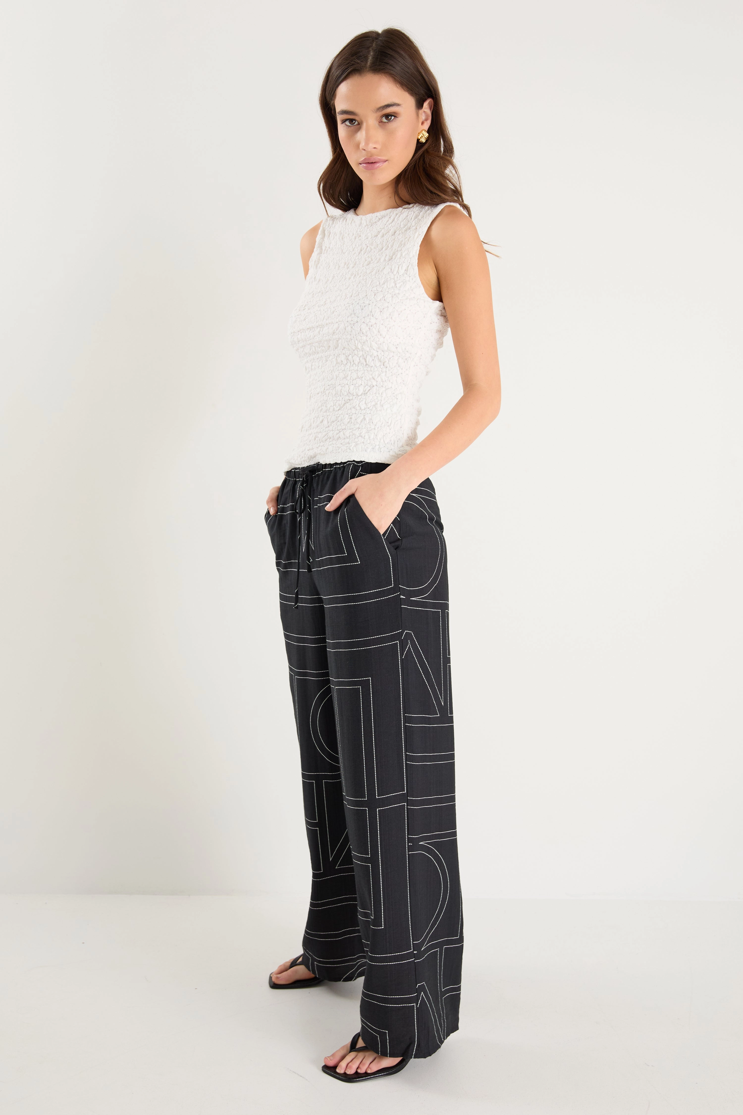 Clever Black Lines Drawcord Wide Leg Pants Perfect Length