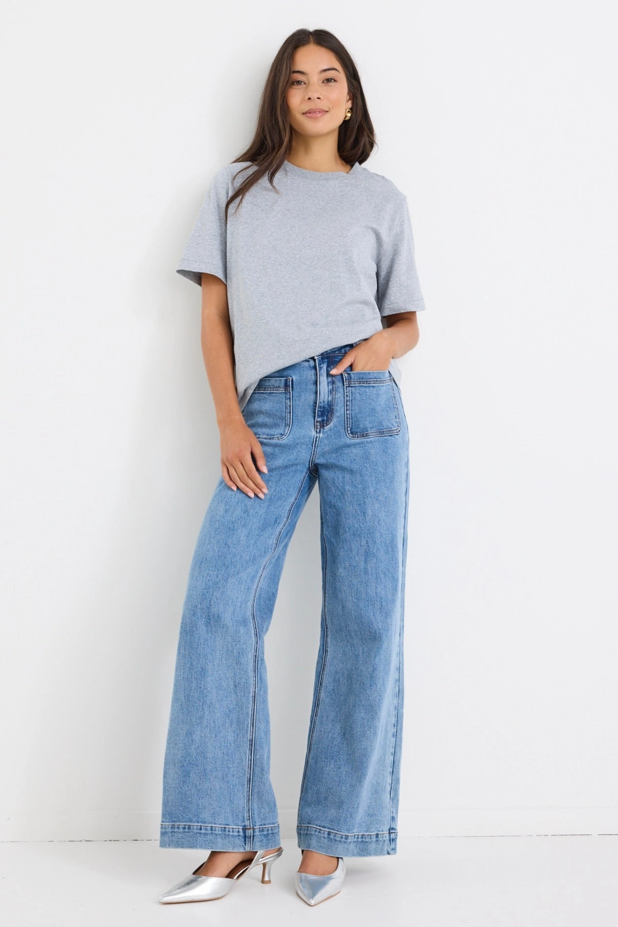 Zoey Signature Blue High Rise Wide Leg Pocket Jean Barrel Waist Essential Layer
