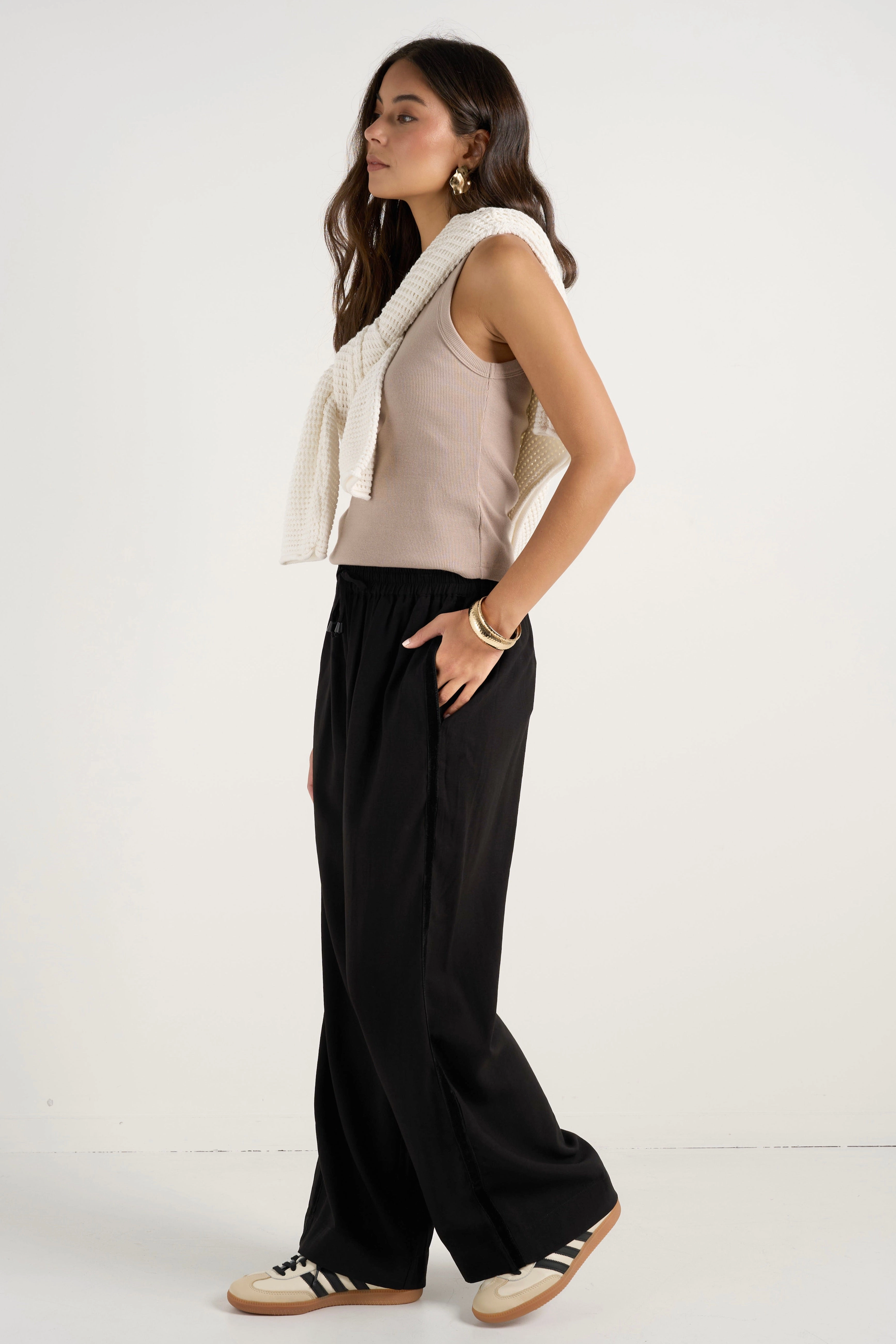 Townie Onyx Velvet Stripe Side Wide Leg Pants Shape Retention Eco Friendly Fabric