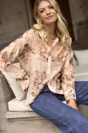 sporty wear Construct Vintage Cream Floral Long Sleeve Blouse