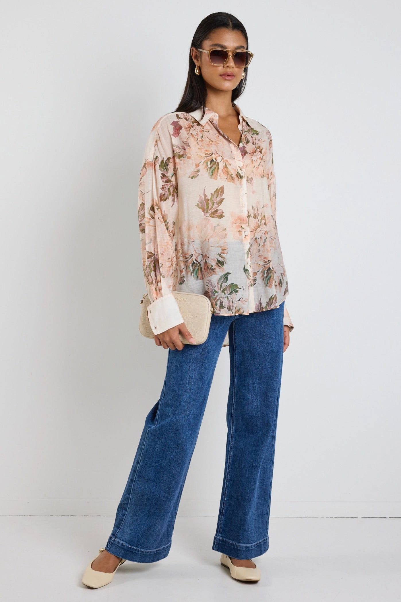 Construct Vintage Cream Floral Long Sleeve Blouse PreWashed