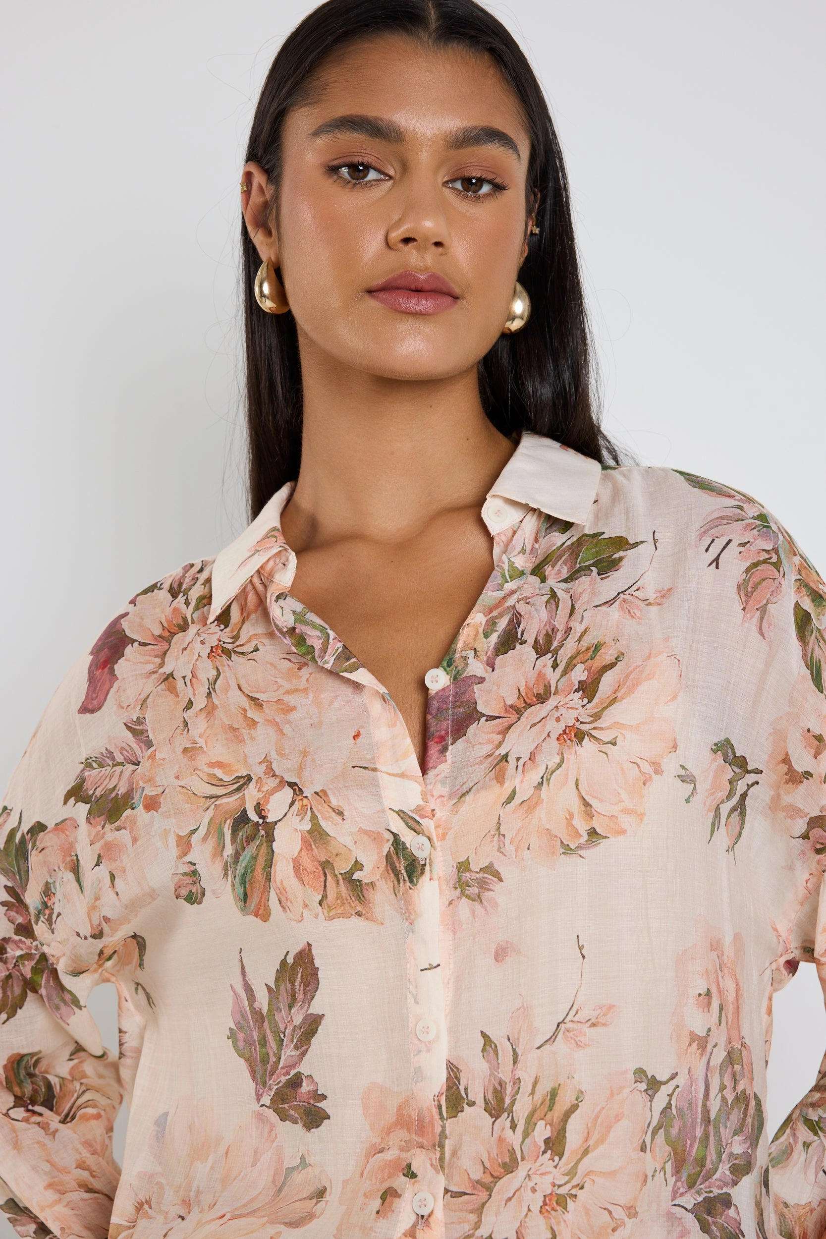 Construct Vintage Cream Floral Long Sleeve Blouse Quick Dry Fabric RubberizedGrip