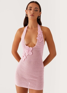 Luciana Crochet Halterneck Mini Dress - Pink Lightweight Piece Smart Design
