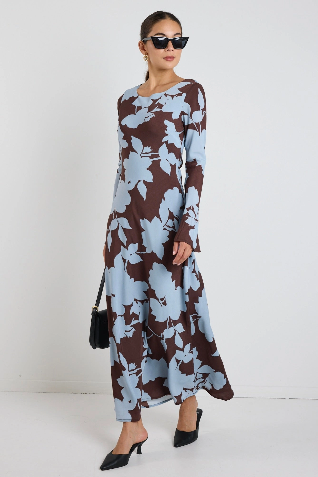 Luminous Brown Blue Floral Fluted Sleeve Bias Maxi Dress Celebrity-Inspired
