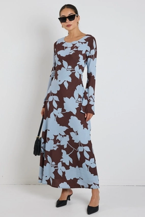 Drawstring-Closure Luminous Brown Blue Floral Fluted Sleeve Bias Maxi Dress