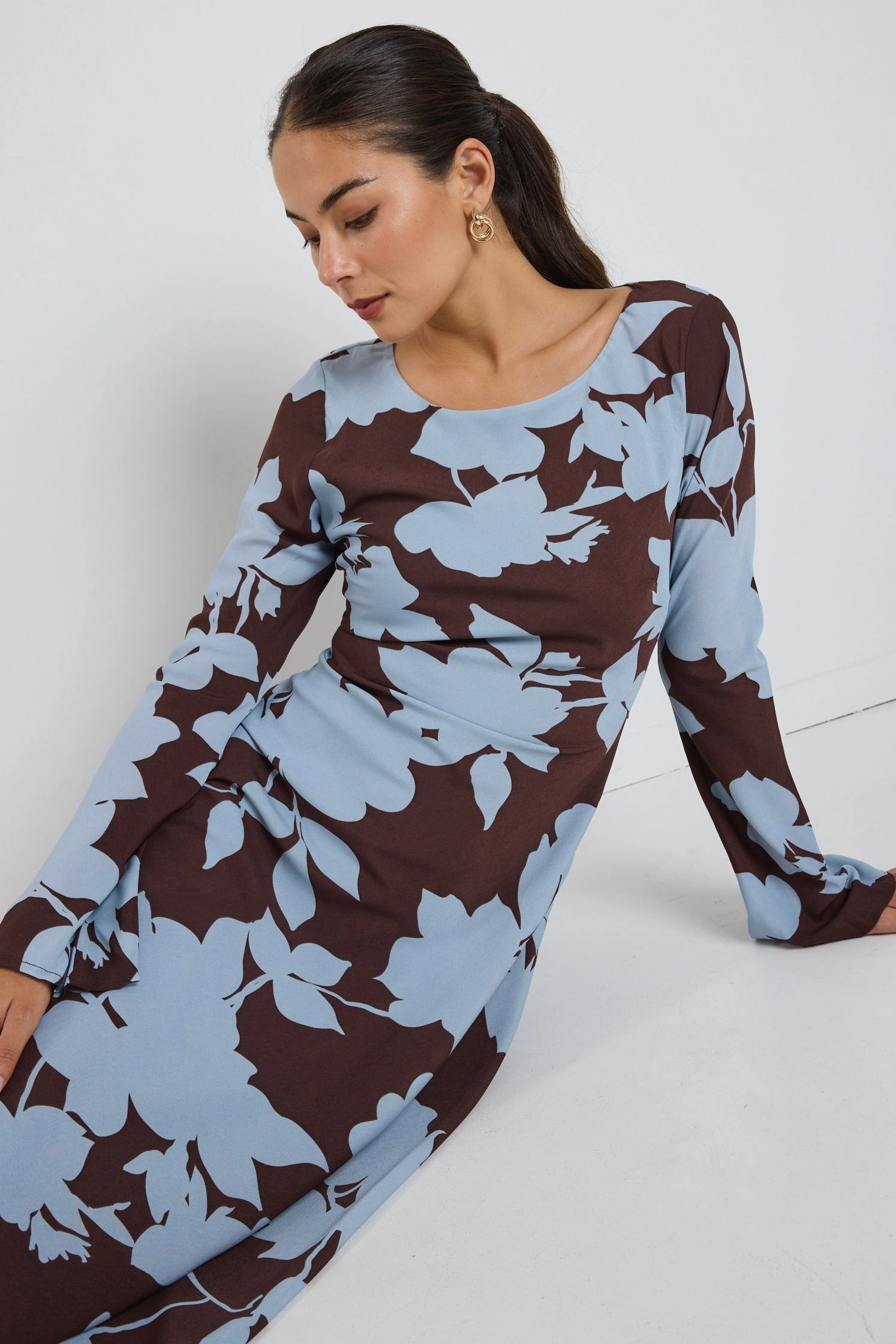 Luminous Brown Blue Floral Fluted Sleeve Bias Maxi Dress Gift-Worthy