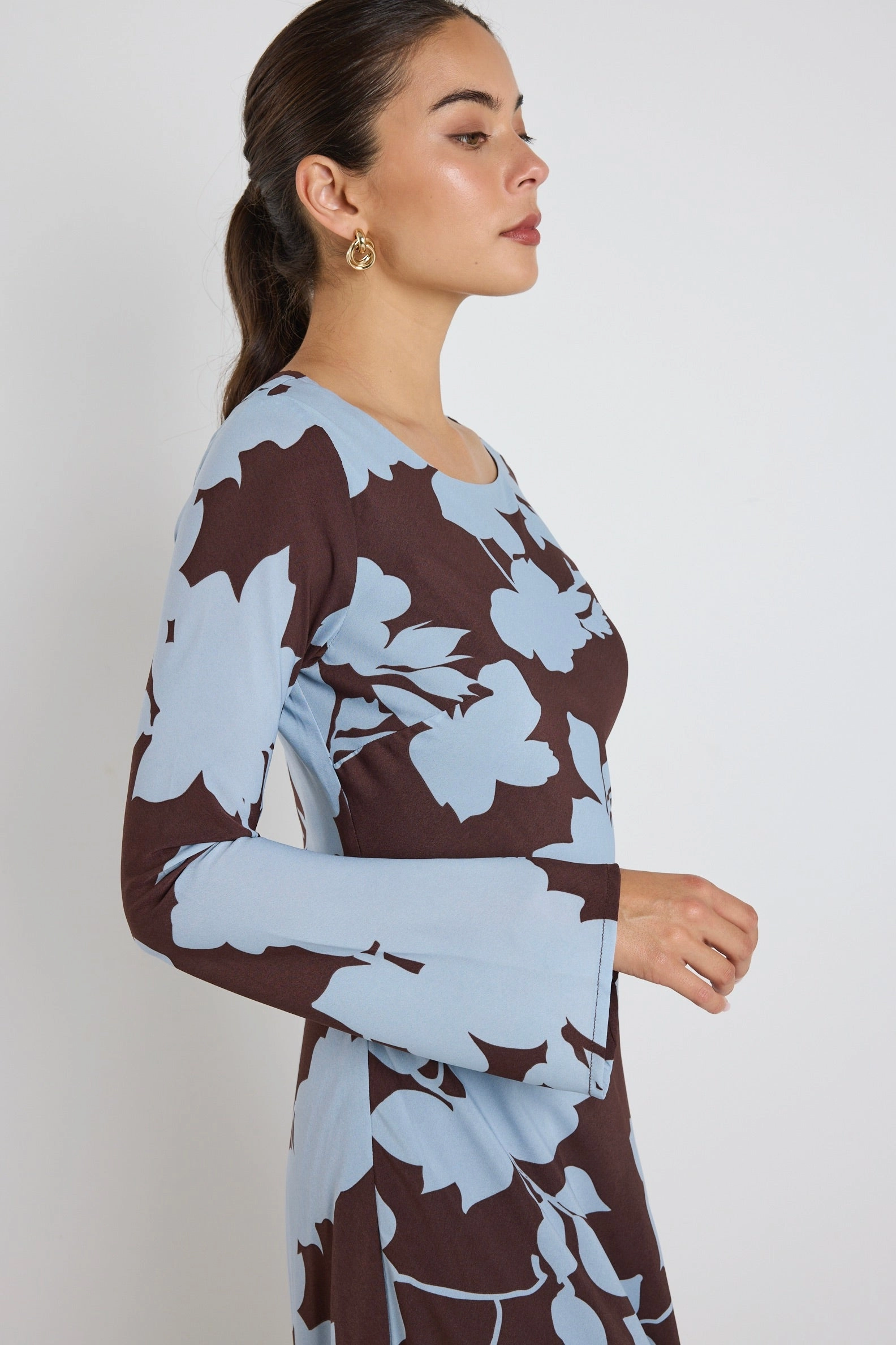 Air Beauty Luminous Brown Blue Floral Fluted Sleeve Bias Maxi Dress