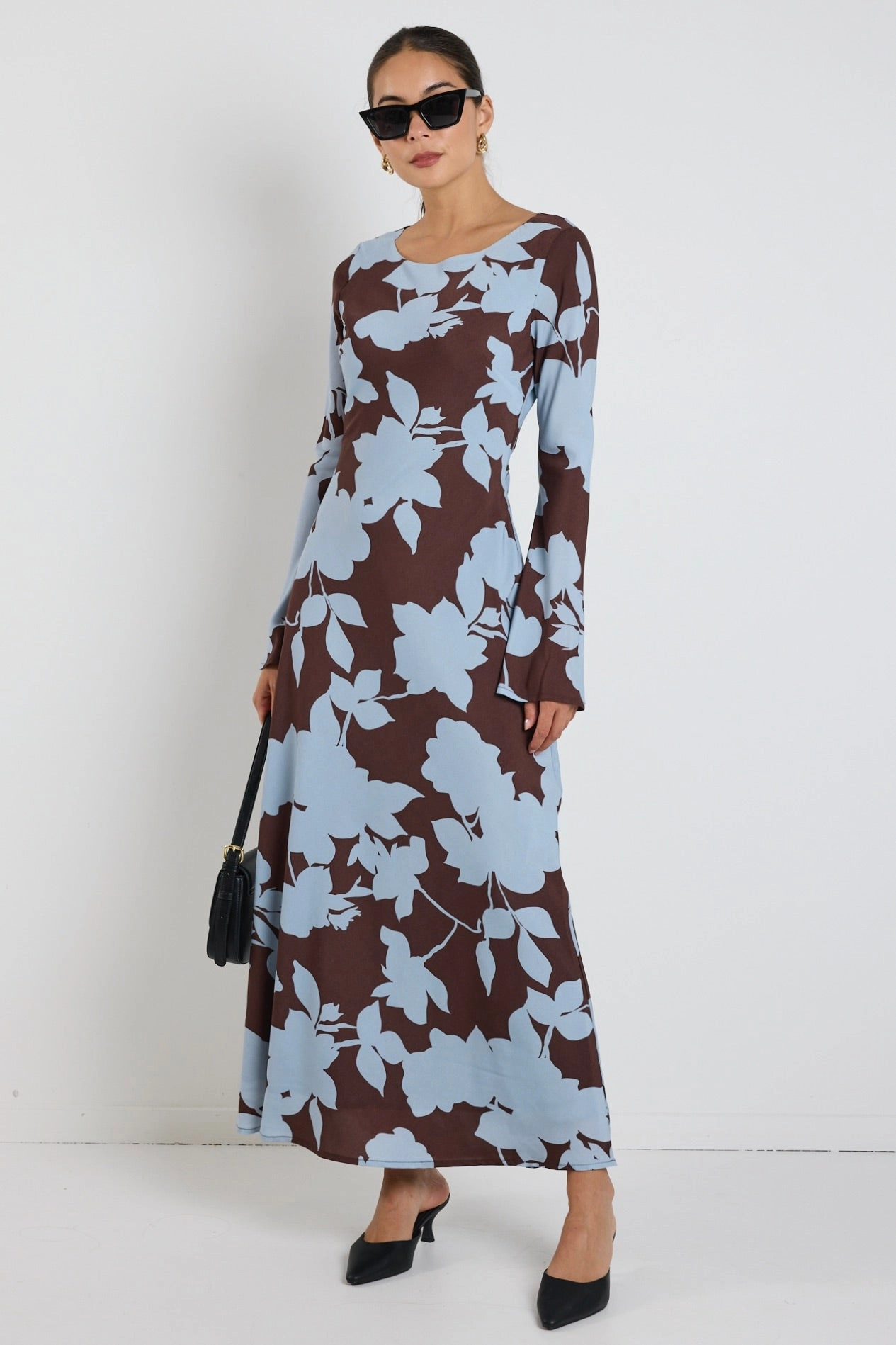 Drawstring-Closure Luminous Brown Blue Floral Fluted Sleeve Bias Maxi Dress
