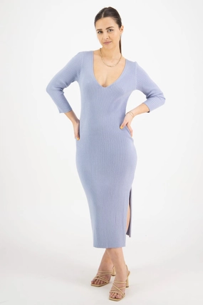 Metallic Finish Equinox Sky Blue Half Sleeve V Neck Tie Back Rib Knit Midi Dress