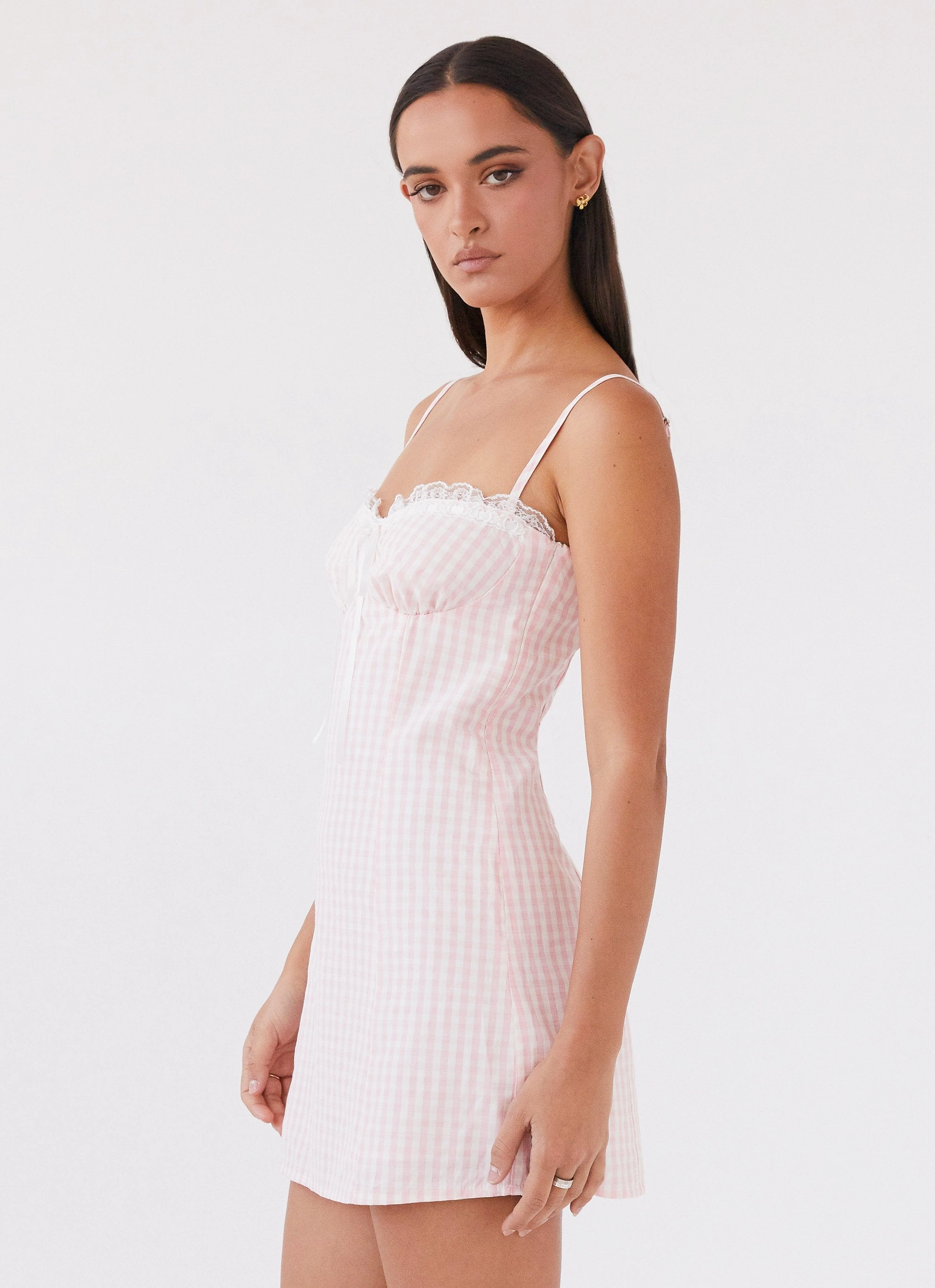 Day Glow Neutral Tones Bellissima Bustier Mini Dress - Pink Gingham