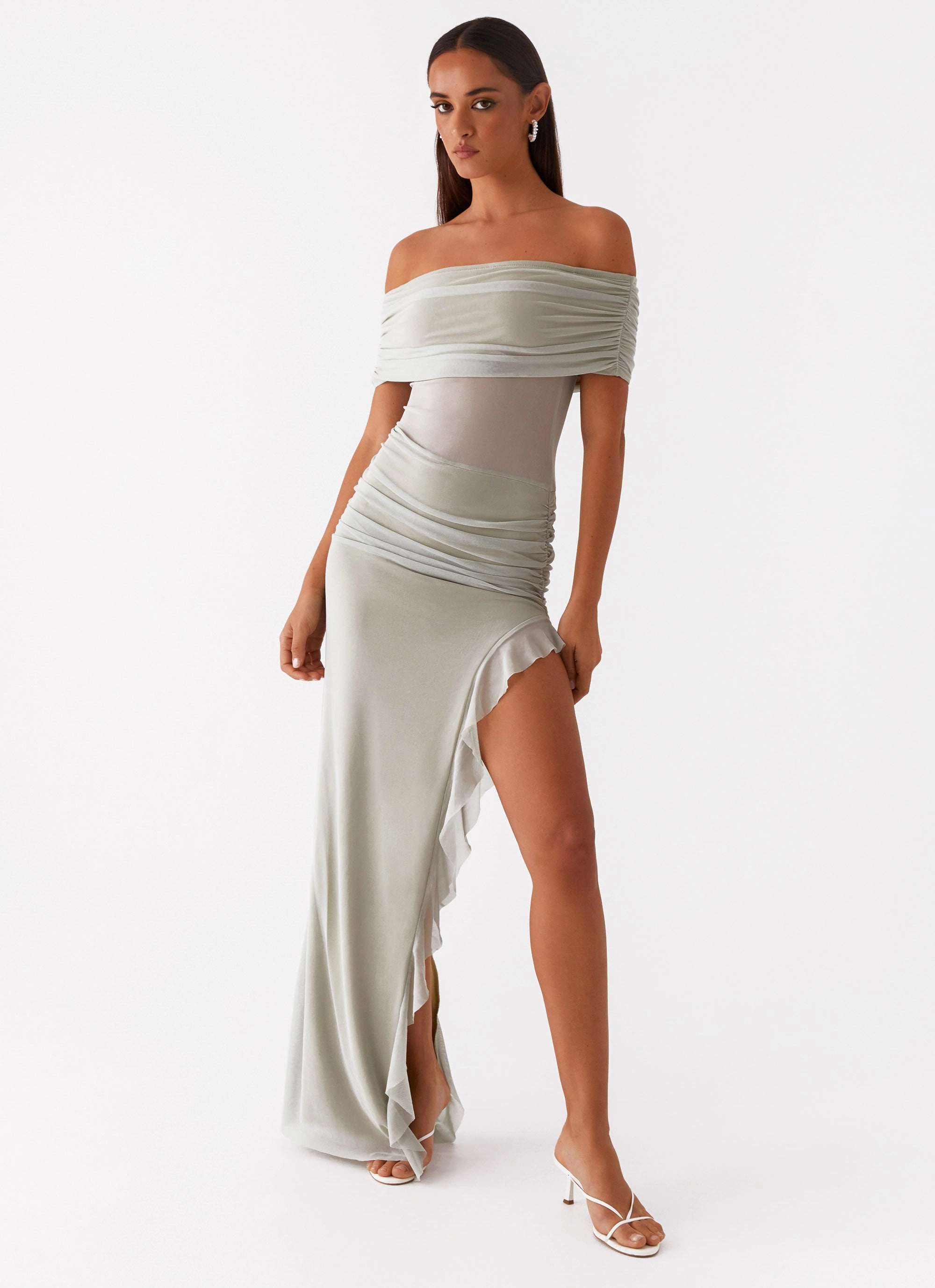 Vibe Choice Petite Chic Nelly Off Shoulder Maxi Dress - Pistachio