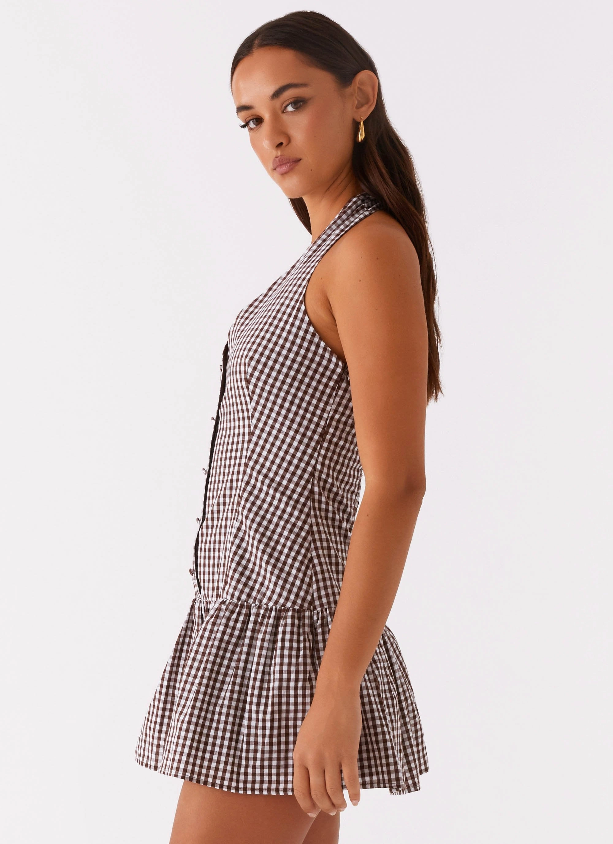 New Look Shirred Halter Mini Dress - Chocolate Gingham Everyday-Use