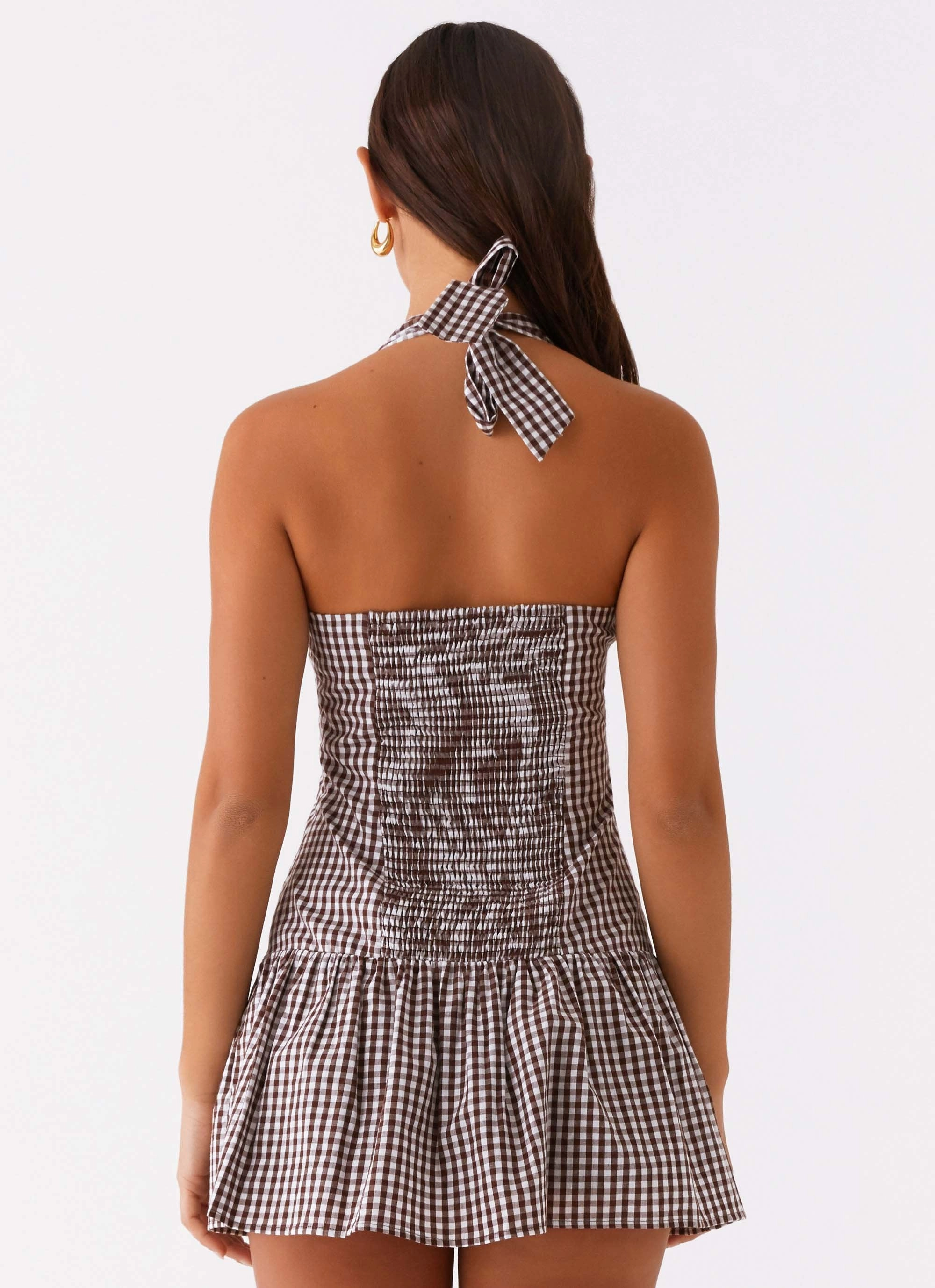 New Look Shirred Halter Mini Dress - Chocolate Gingham Relaxed-fit Smart Pairing
