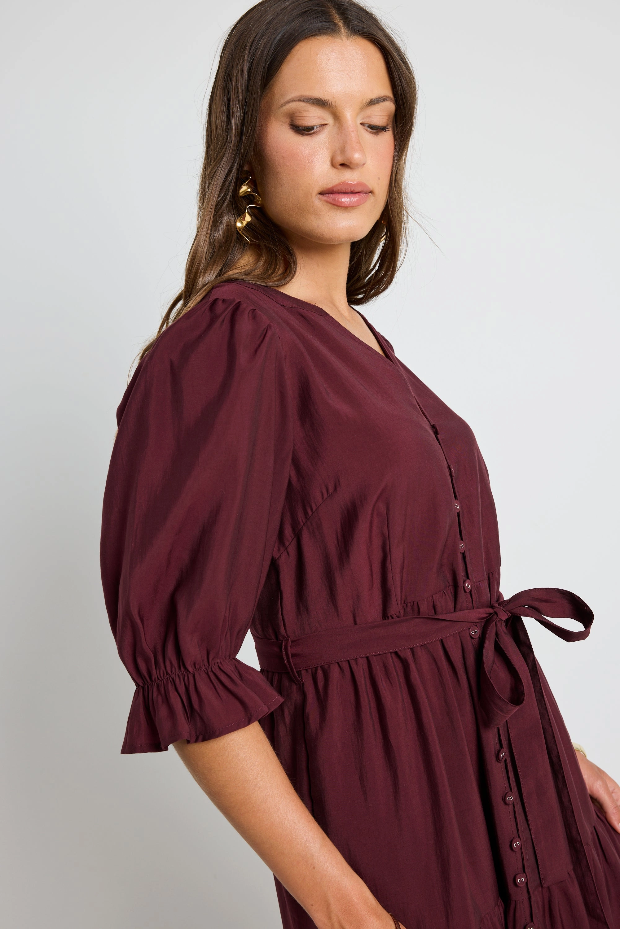 Special-Occasion Irresistible Burgundy Plum SS Button Front Tiered Maxi Dress