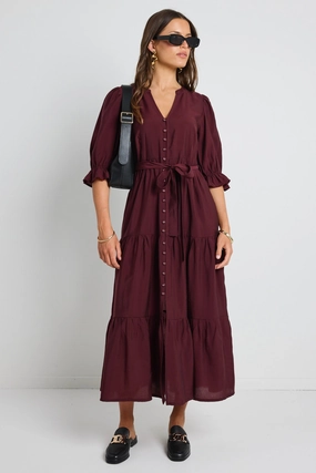 Cool Layers Irresistible Burgundy Plum SS Button Front Tiered Maxi Dress