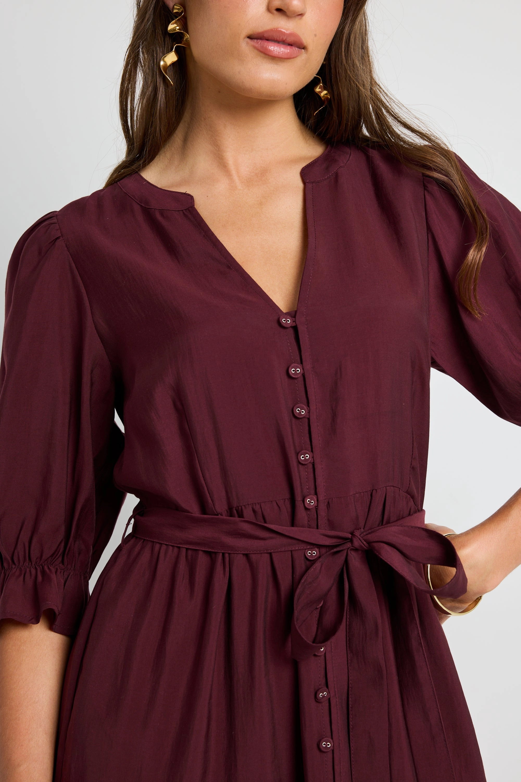 Playful touch Neutral-Shade Irresistible Burgundy Plum SS Button Front Tiered Maxi Dress
