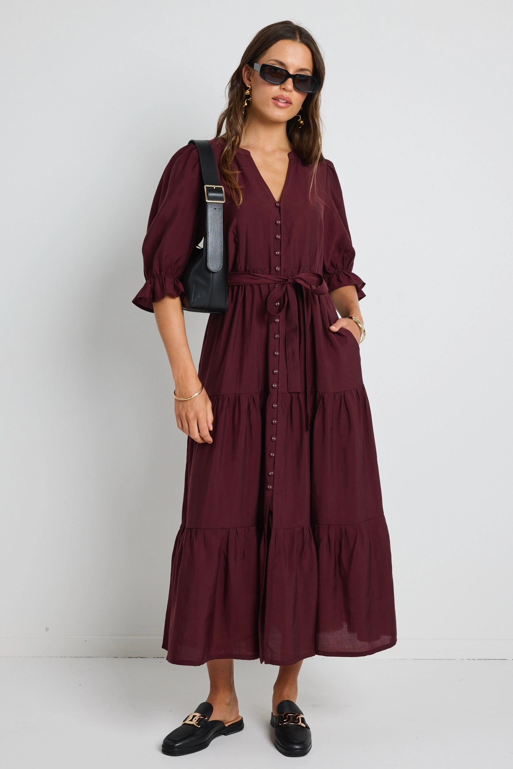 Irresistible Burgundy Plum SS Button Front Tiered Maxi Dress Easy Mood Charming Fit