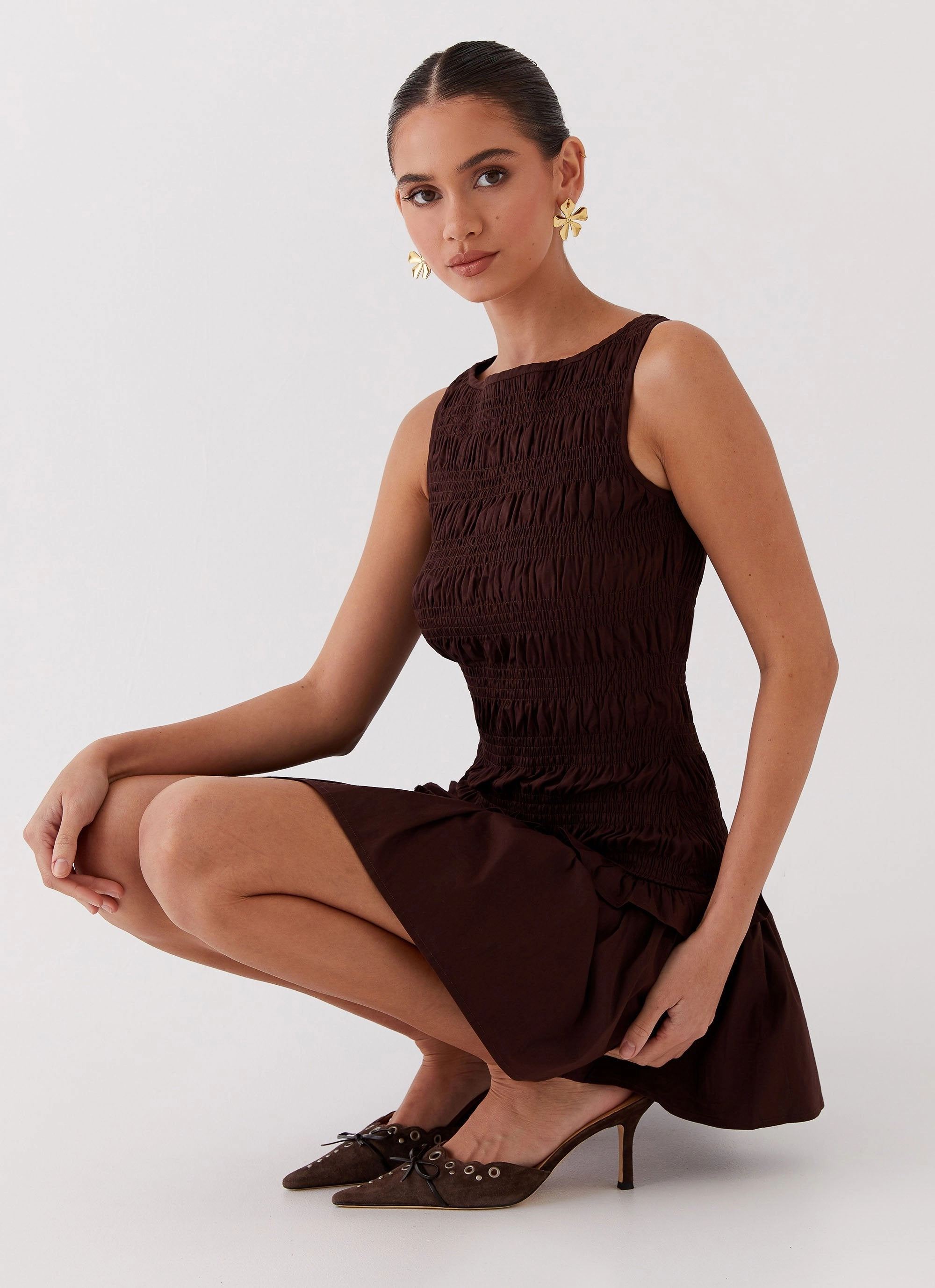 Satin-Sleeve Wool-Blend Garden Kisses Shirred Mini Dress - Chocolate