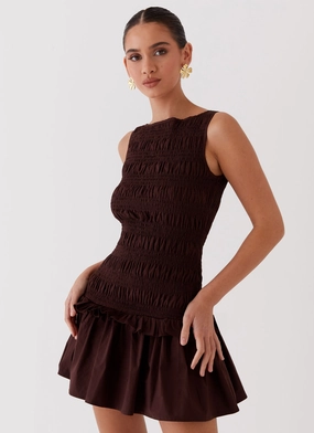 Garden Kisses Shirred Mini Dress - Chocolate Easy Match