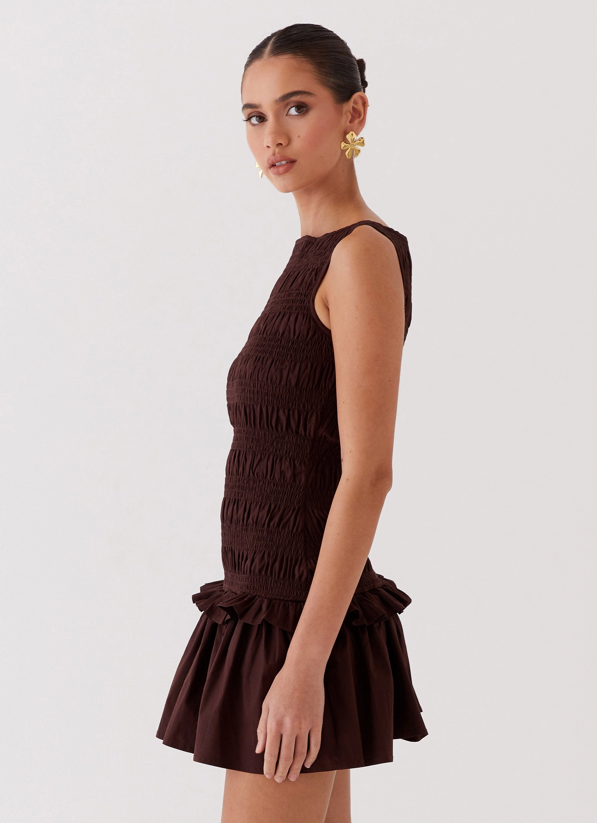 Neutral-Shade Bow Glow Garden Kisses Shirred Mini Dress - Chocolate