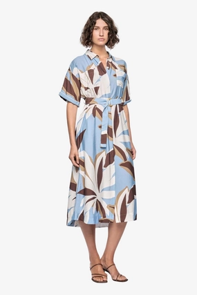 Casual Days High Cut Maeve Blue Resort Print Short Sleeve Midi Shirt Dress