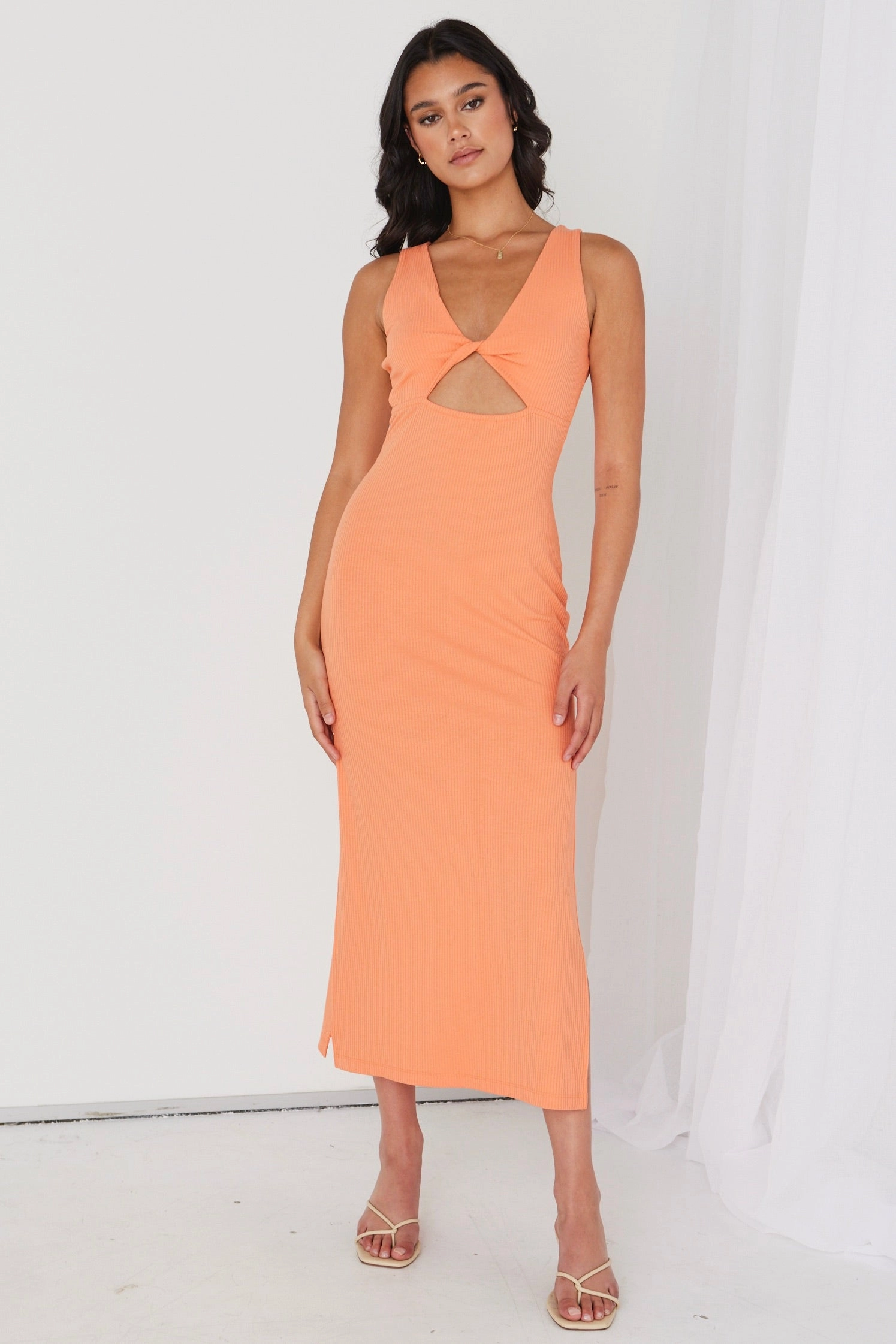 Malibu Orange Rib Twist Sleeveless Midi Dress Sleek Movement