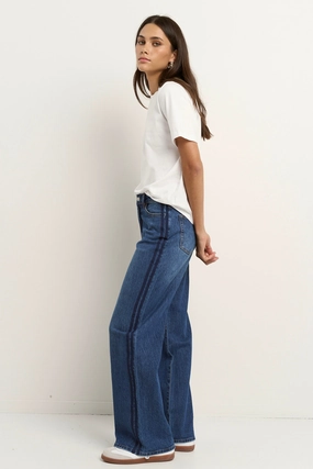 elastic waistband Manhattan Mid Blue Mid Rise Side Stripe Wide Leg Jean