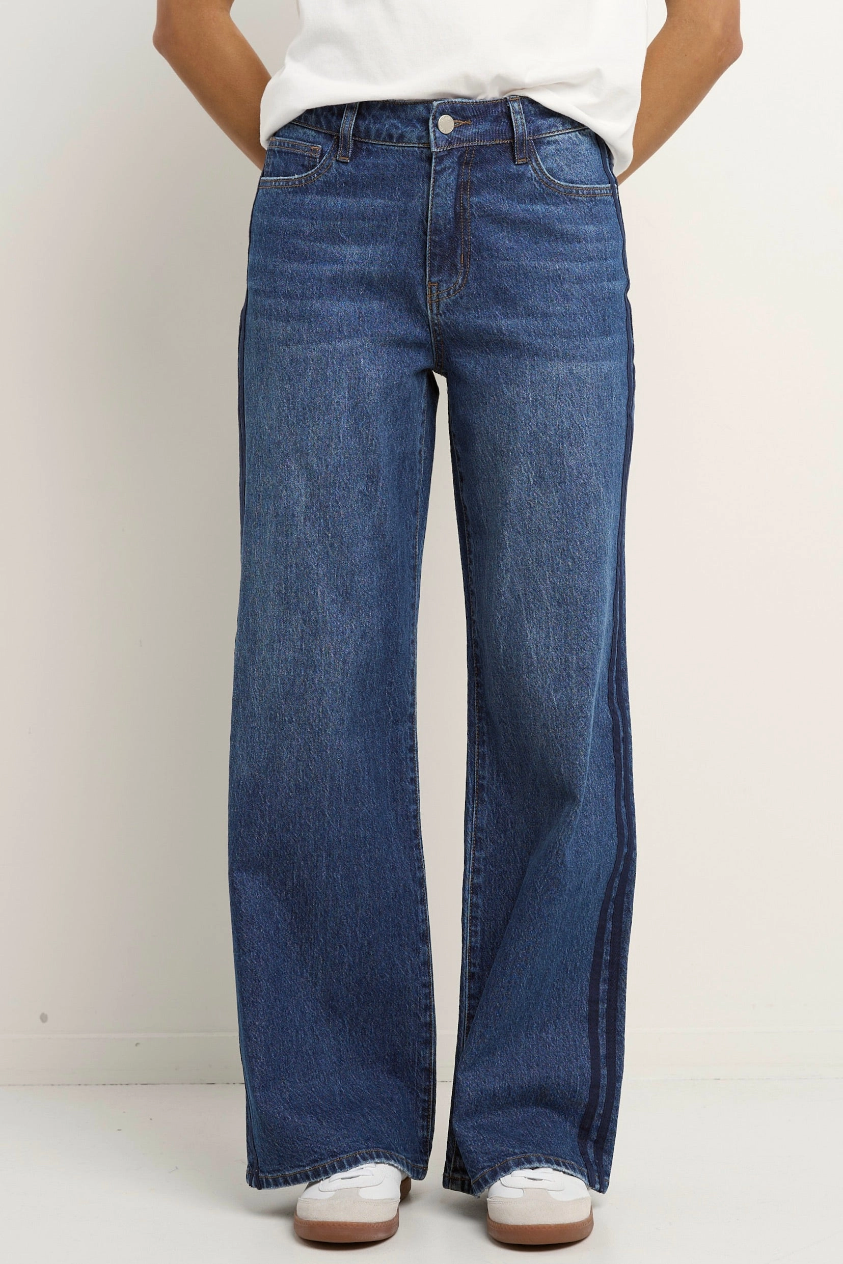 Manhattan Mid Blue Mid Rise Side Stripe Wide Leg Jean FunctionalZipper