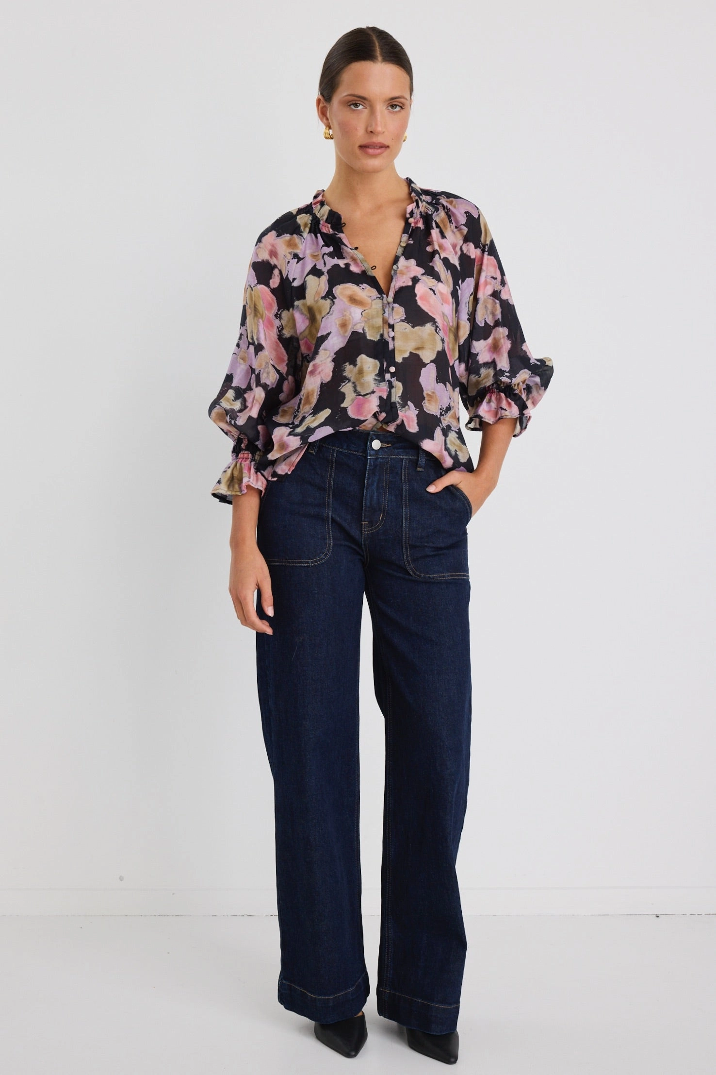 Mastery Black Pressed Flower Button Through Top EcoCertified AbrasionResistantEdging