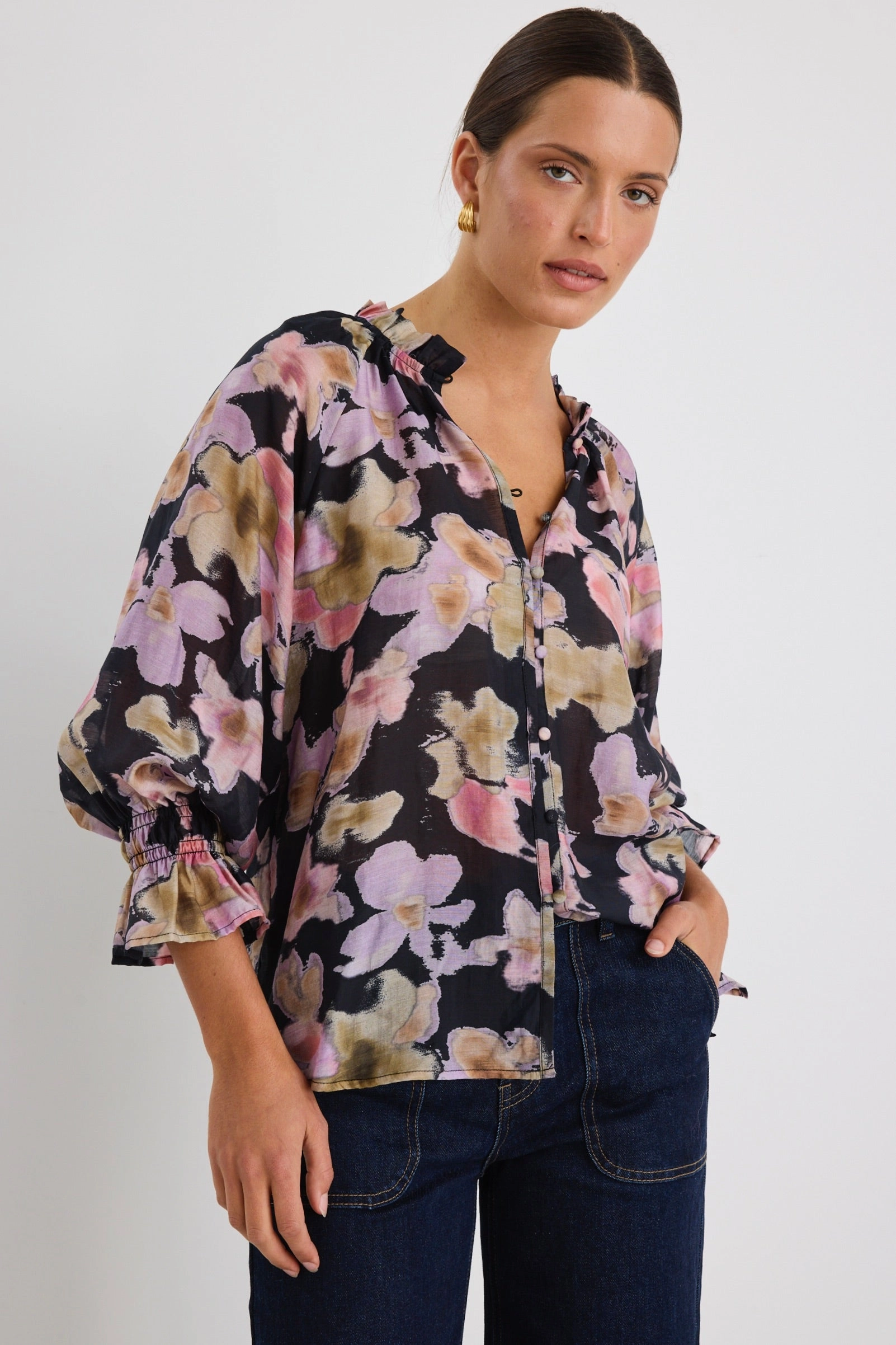 High Collar Option Noise Reducing Fabric Treatment Mastery Black Pressed Flower Button Through Top