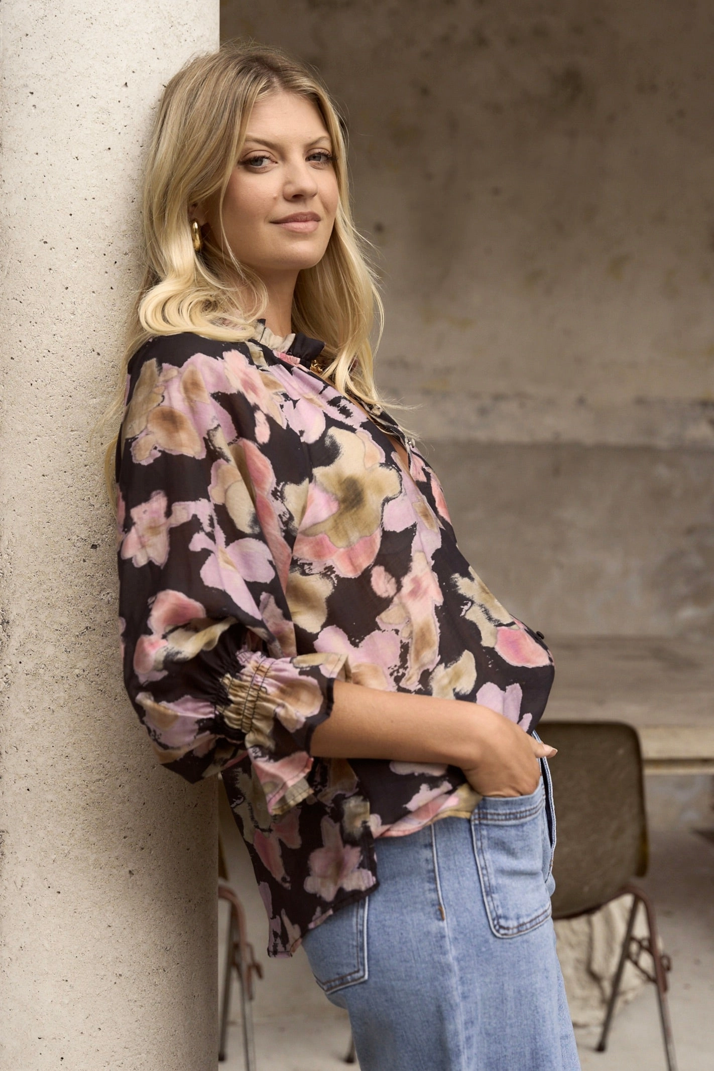 Mastery Black Pressed Flower Button Through Top Brushed Interior Contrast Stitch Accent