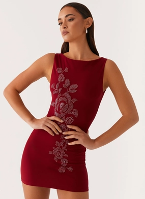 Elegant Detail Matteo Beaded Mesh Mini Dress - Deep Red