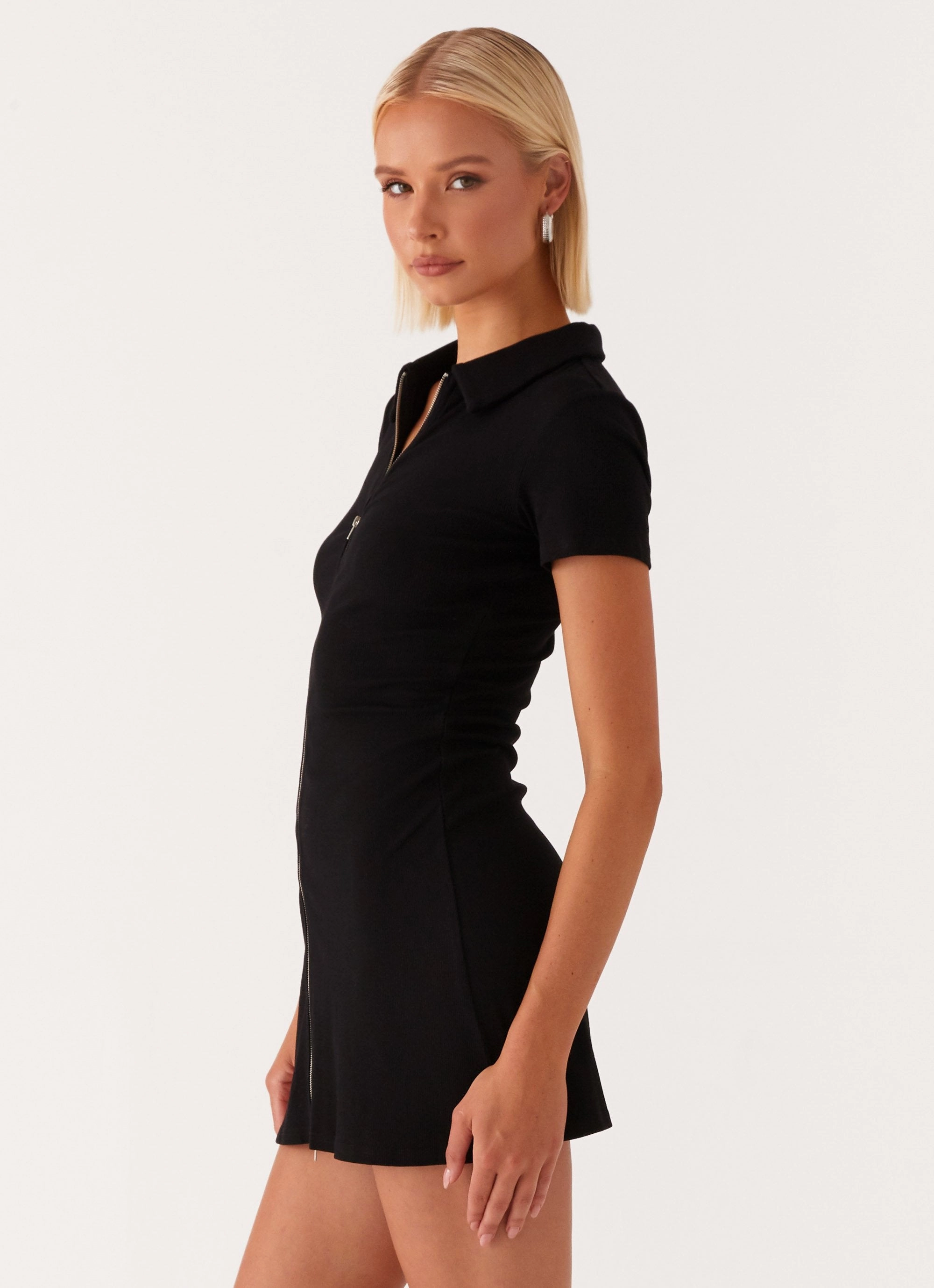 Matter Of Time Zip Front Mini Dress - Black High Neck Perfectly Crafted