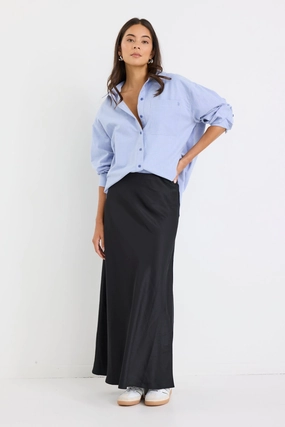 Simple Layer Prodigy Black Satin Bias Maxi Skirt