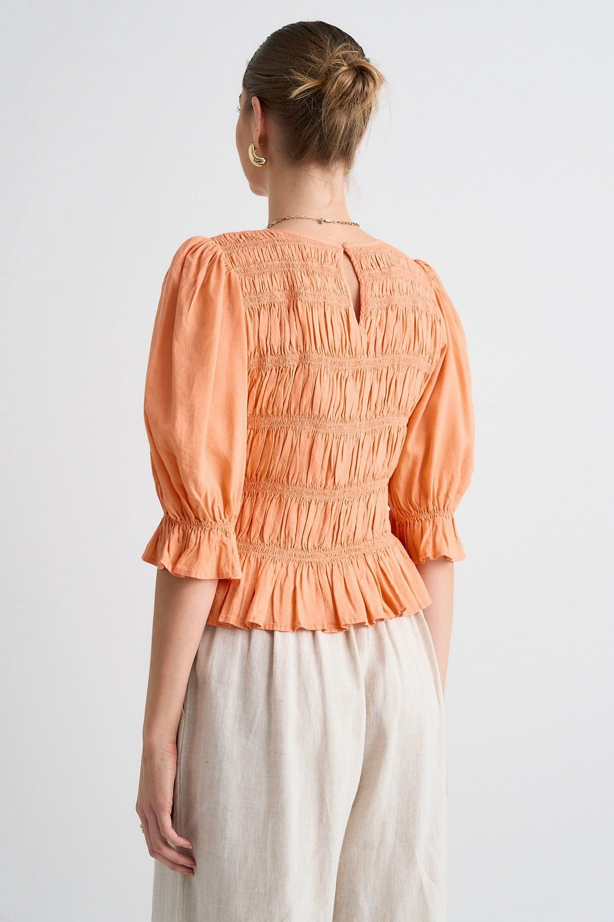 Relaxed Fit Shirt ThermalRegulating Melodic Apricot Short Sleeve Linen Shirred Bodice Top