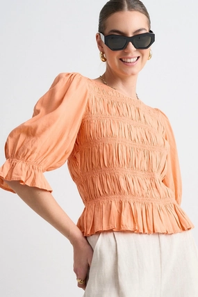Non Closure Collar Two Tone Weave Melodic Apricot Short Sleeve Linen Shirred Bodice Top