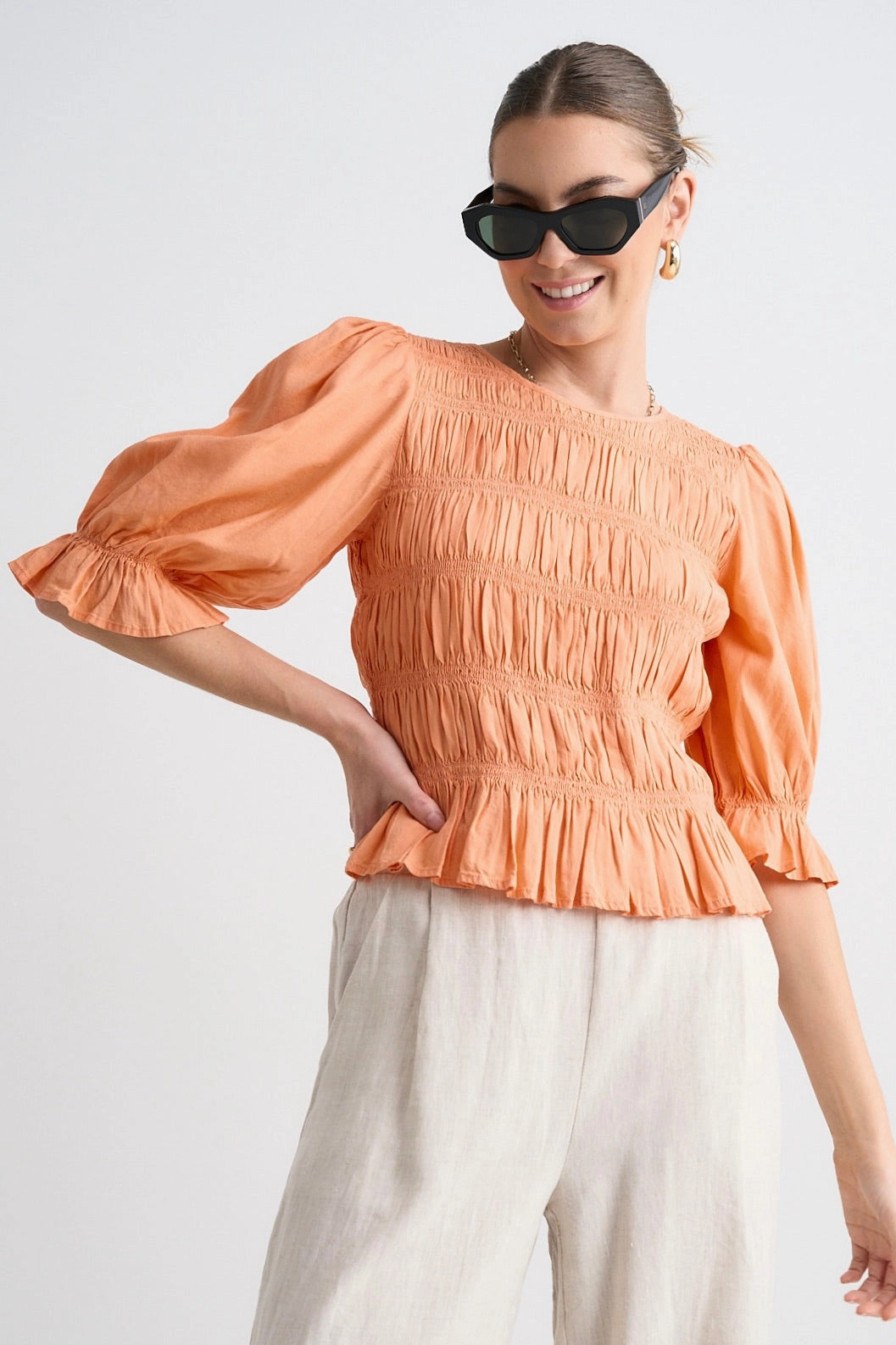 Melodic Apricot Short Sleeve Linen Shirred Bodice Top VentilatedBack