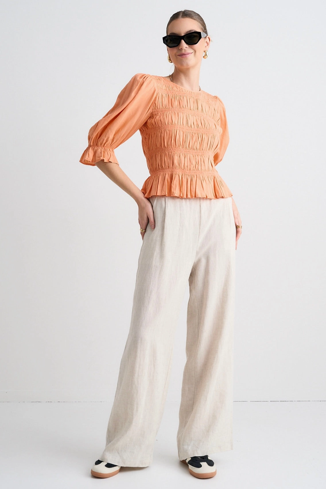 Melodic Apricot Short Sleeve Linen Shirred Bodice Top Layered Ventilation Zones