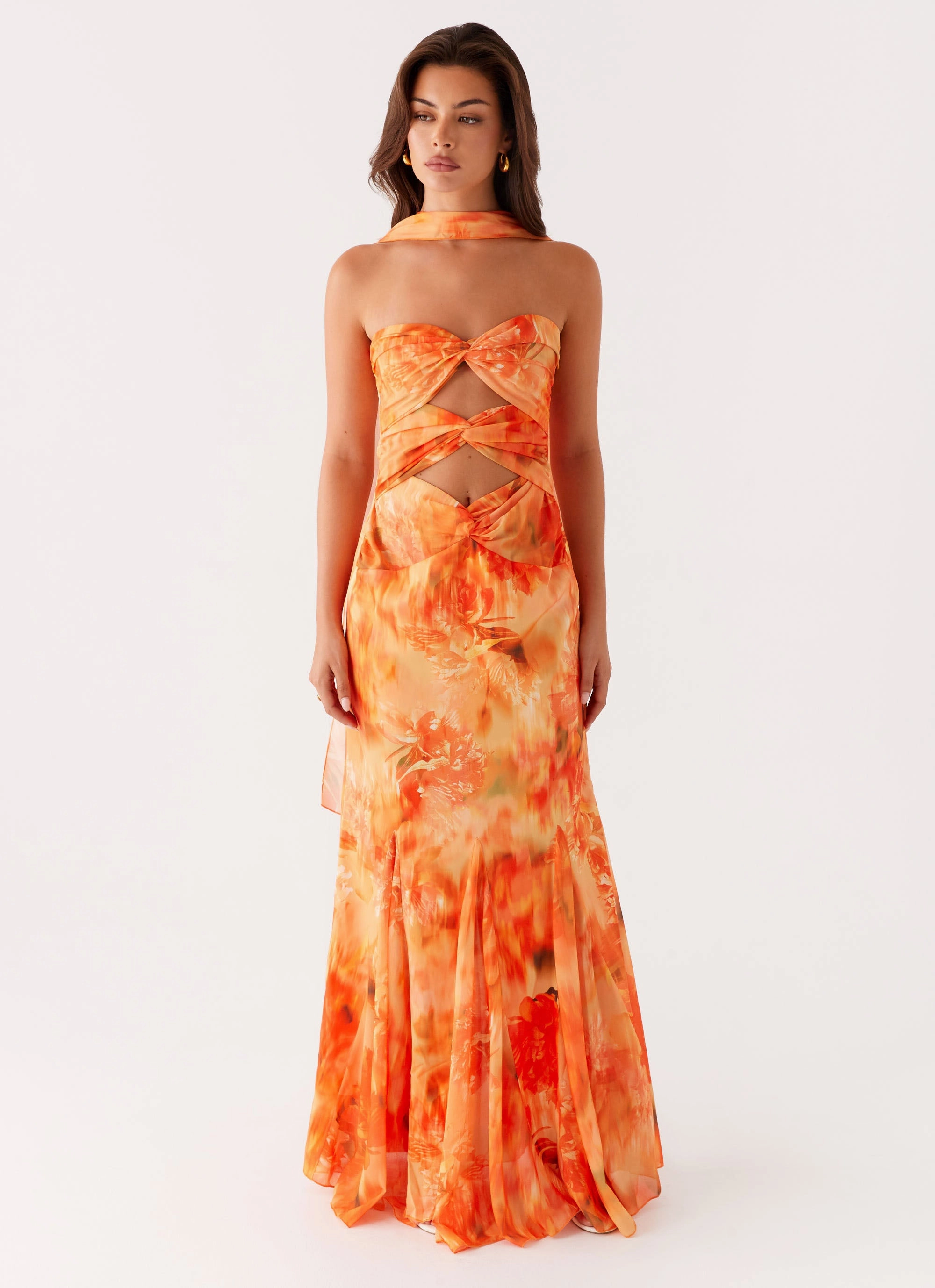 Melrose Satin Chiffon Maxi Dress - Sunset Floral Night Appeal Weekend Favorite