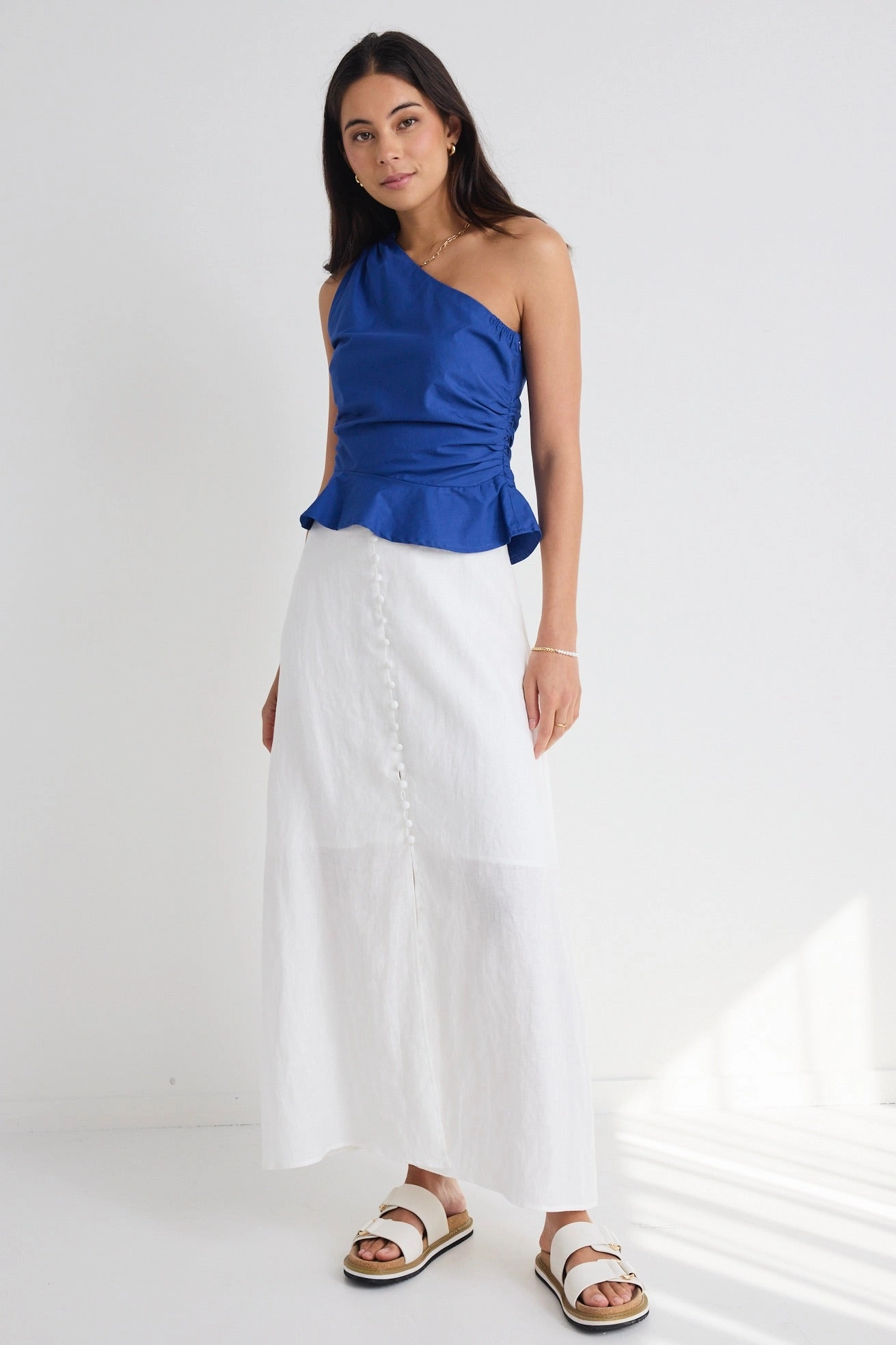 A line Mercy White Linen Button Front Aline Skirt