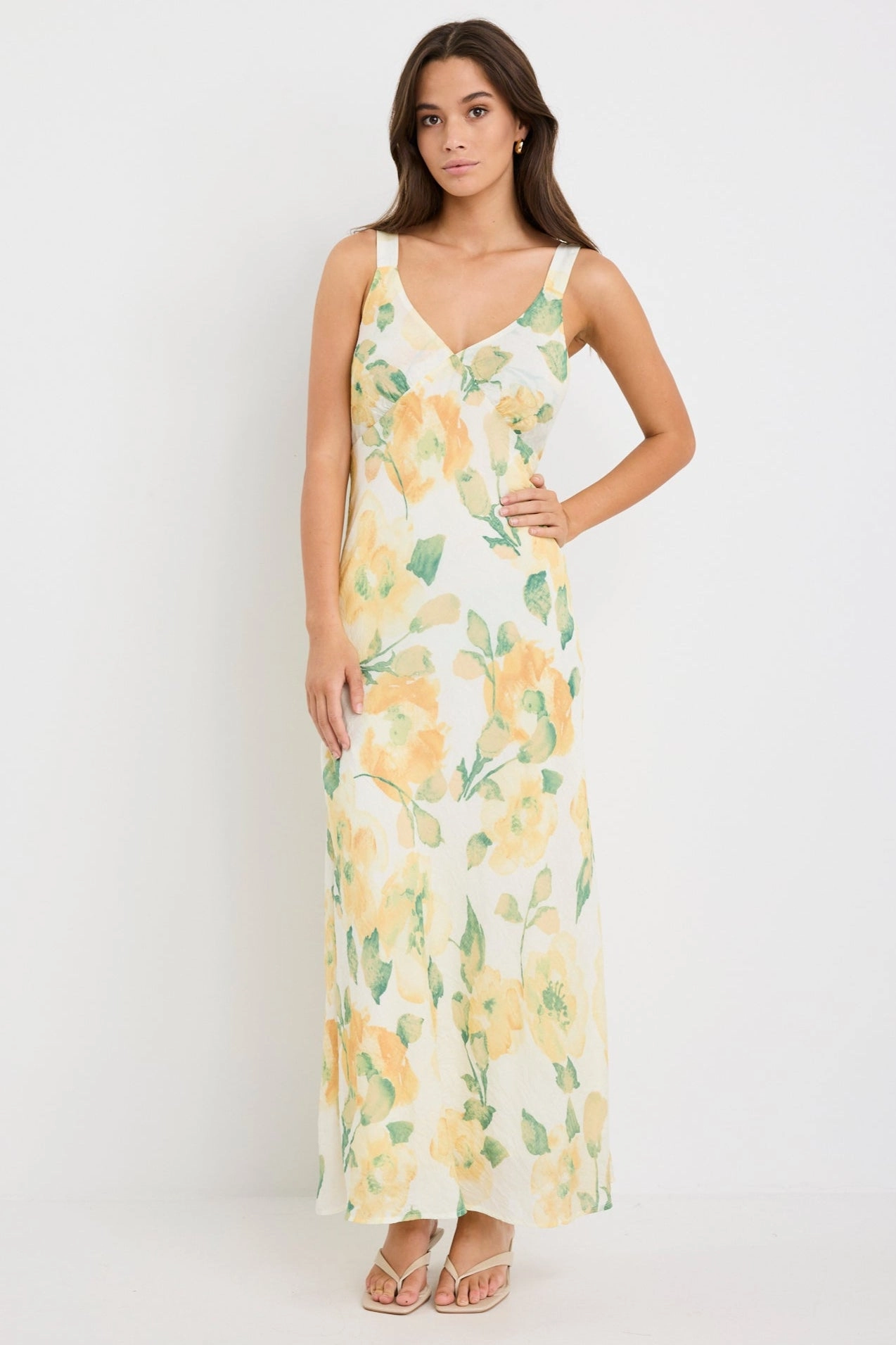 Romance Honey Floral Crinkle Fabric Strappy Floaty Maxi Dress Contemporary Waist