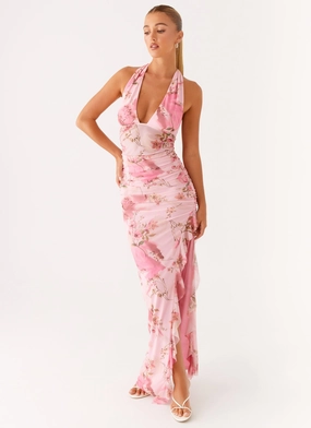 Micca Halter Maxi Dress - Pink Floral Print Work Fitwear Built-In-Slip