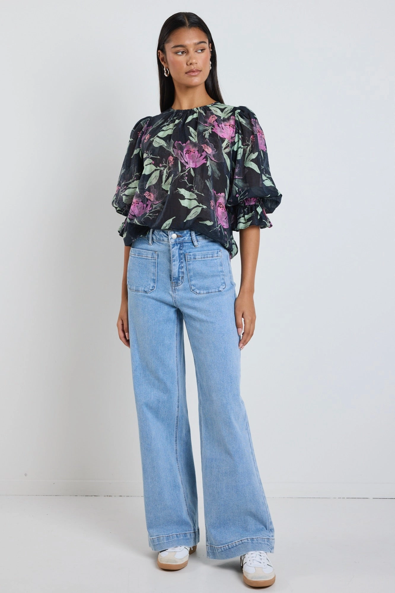 Candid Petrol Lilac Floral Crew Neck Mid Sleeve Top PreShrunk Fabric