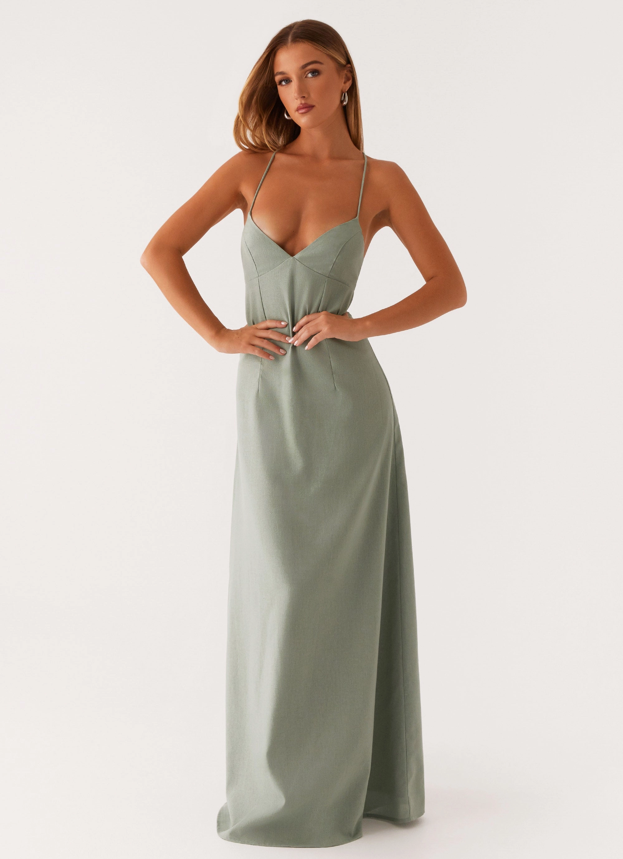 Middle Ground Linen Maxi Dress - Sage Flattering Lines Casual Motion