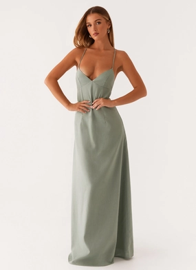 Middle Ground Linen Maxi Dress - Sage Flattering Lines Casual Motion